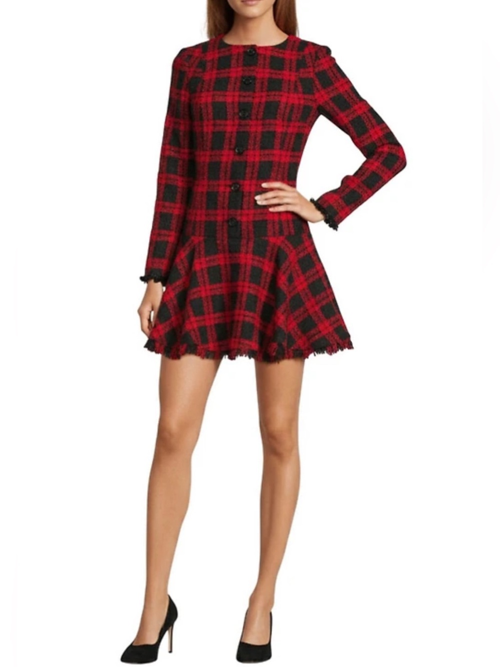 NWT ANTONIO MELANI Red and Black Plaid Peplum Tweed Dress Size 4